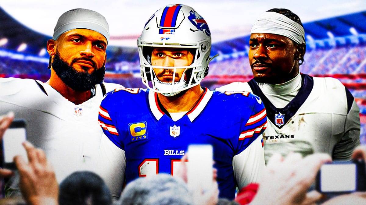 Gabe Davis and Stefon Diggs next to Bills' Josh Allen