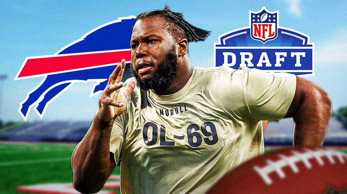 Sedrick Van Pran-Granger with a Buffalo Bills logo and a 2024 NFL Draft logo