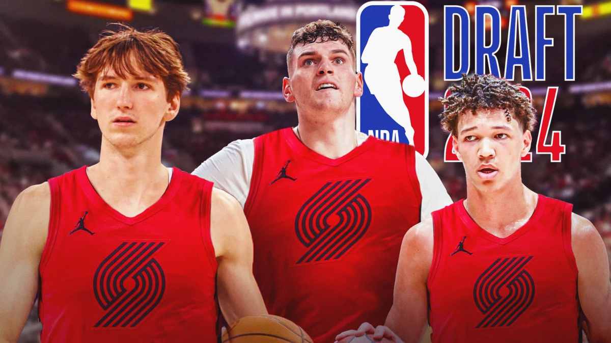 Photo: Donovan Clingan, Matas Buzelis, Tidjane Salaun all in Blazers jerseys, 2024 NBA Draft logo in background