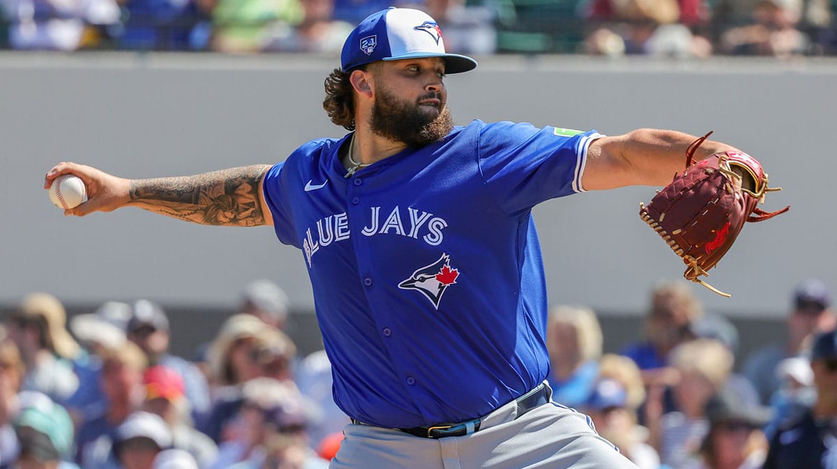 Toronto Blue Jays starting pitcher Alek Manoah (6) pitches during the first inning against the Detroit Tigers at Publix Field at Joker Marchant Stadium.