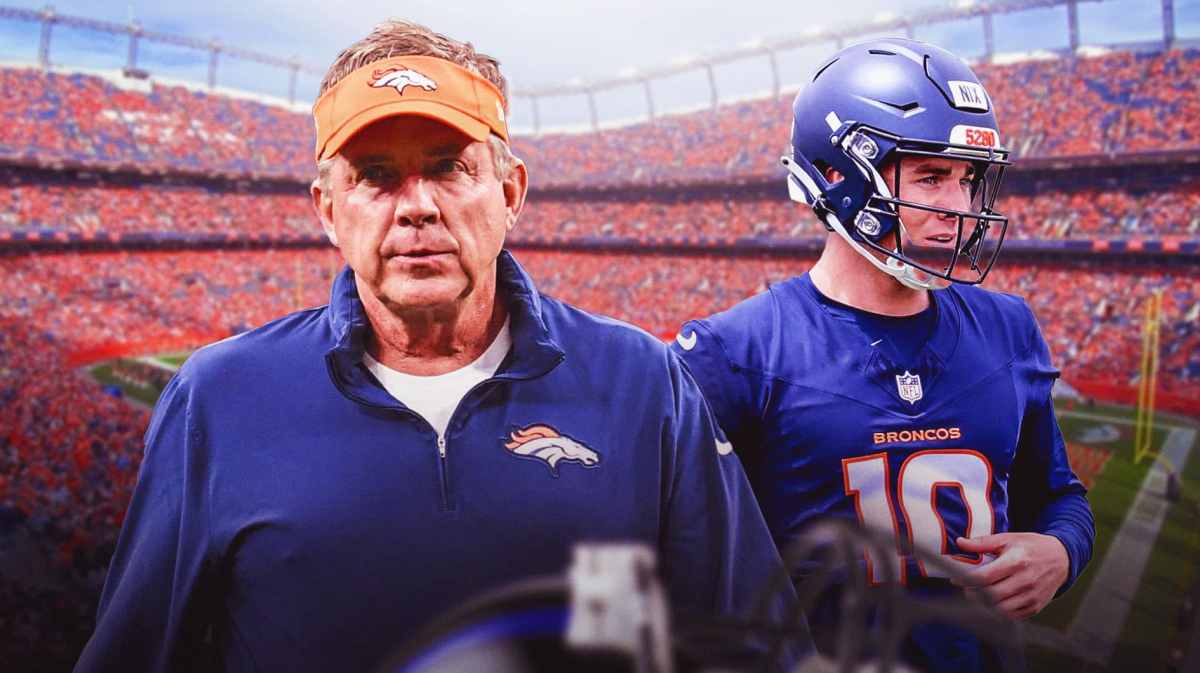 Denver Broncos star Bo Nix and head coach Sean Payton in front of Empower Field at Mile High.