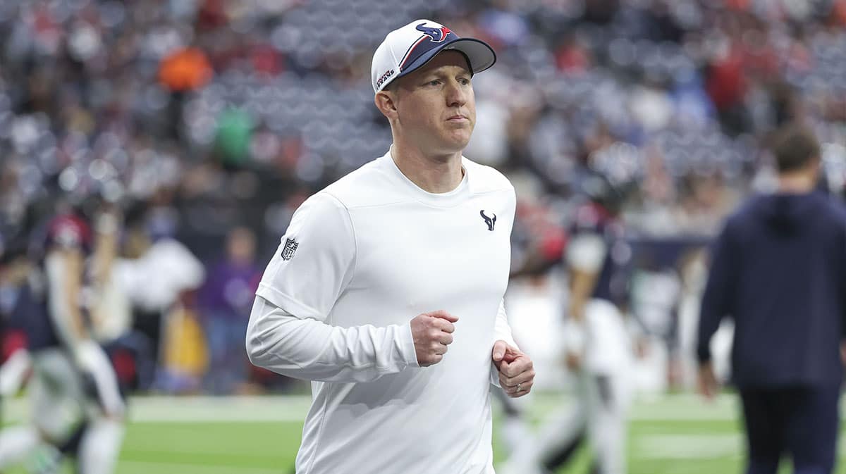 Houston Texans offensive coordinator Bobby Slowik before a 2024 AFC wild card game against the Cleveland Browns at NRG Stadium.