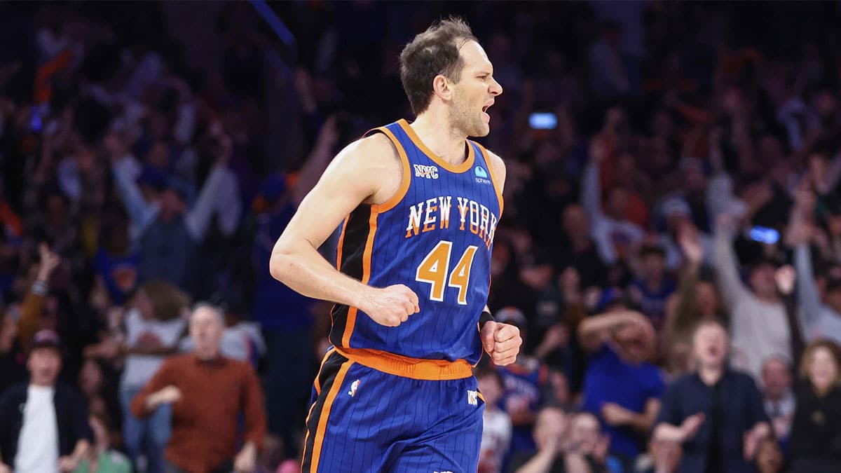 New York Knicks forward Bojan Bogdanovic (44) celebrates after making a three-point shot in the fourth quarter against the Chicago Bulls at Madison Square Garden.