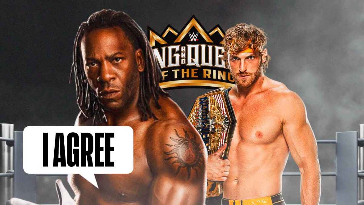Booker T with a text bubble reading "I agree" next to Logan Paul holding his United States Championship with the 2024 King and Queen of the Ring logo as the background.
