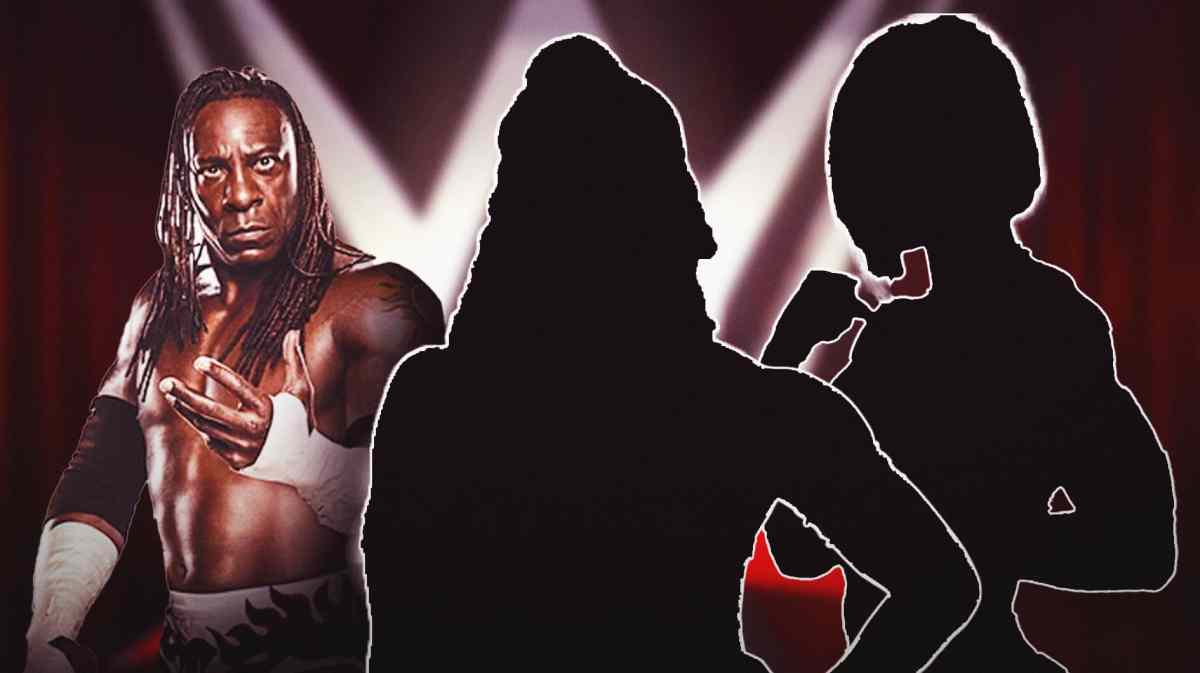 Booker T next to the blacked-out silhouettes of Jade Cargill and Bianca Belair with the WWE logo as the background.