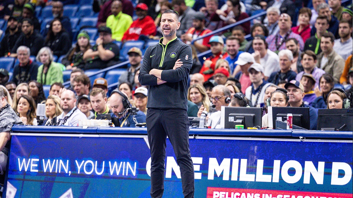 Nov 14, 2023; New Orleans, Louisiana, USA; New Orleans Pelicans acting head coach James Borrego looks on against the Dallas Mavericks during the first half at the Smoothie King Center. Mandatory Credit: Stephen Lew-USA TODAY Sports