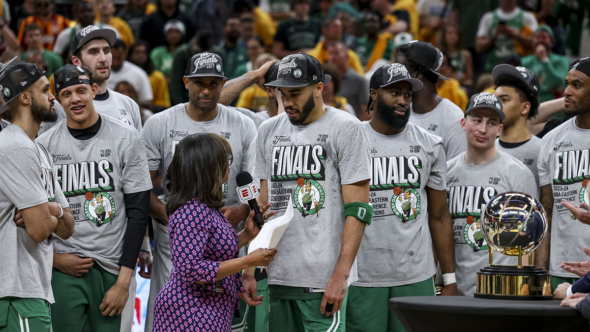 The Boston Celtics celebrate their win against the Indiana Pacers game four of the eastern conference finals for the 2024 NBA playoffs at Gainbridge Fieldhouse.