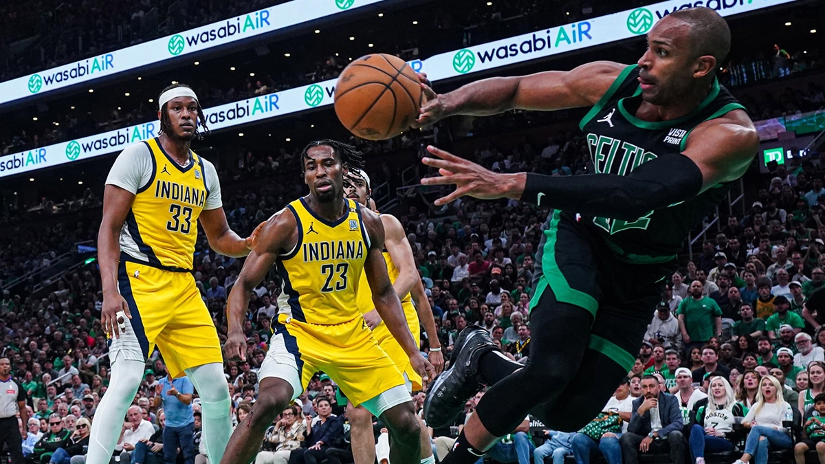 May 23, 2024; Boston, Massachusetts, USA; Boston Celtics center Al Horford (42) is fouled by Indiana Pacers forward Aaron Nesmith (23) in the first half during game two of the eastern conference finals for the 2024 NBA playoffs at TD Garden. Mandatory Credit: David Butler II-USA TODAY Sports