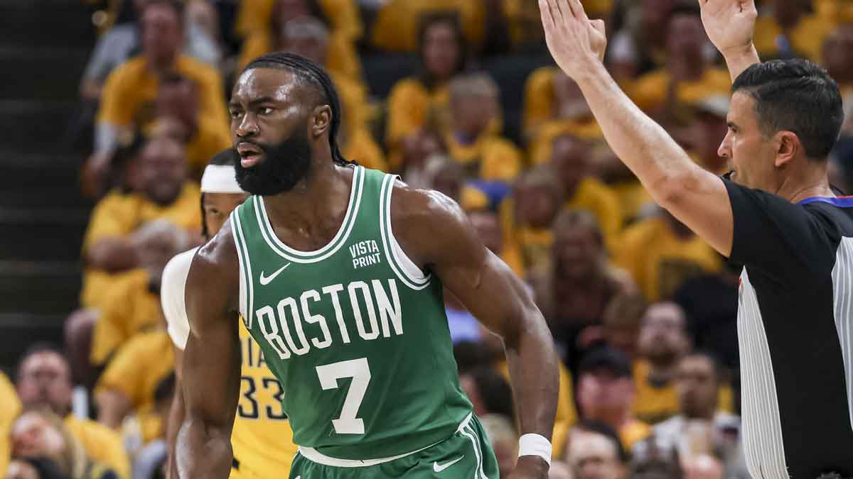 May 27, 2024; Indianapolis, Indiana, USA; Boston Celtics guard Jaylen Brown (7) during the second quarter during game four of the eastern conference finals for the 2024 NBA playoffs at Gainbridge Fieldhouse. Mandatory Credit: Trevor Ruszkowski-USA TODAY Sports
