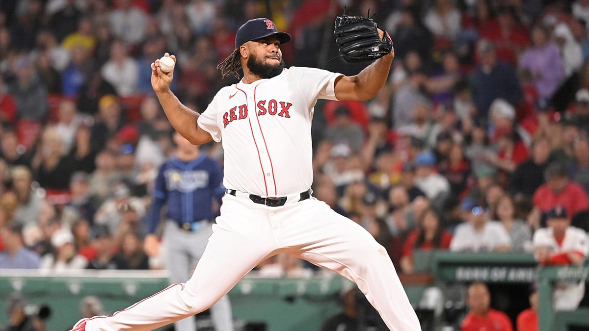 Boston Red Sox pitcher Kenley Jansen (74) pitches against the Tampa Bay Rays during the ninth inning at Fenway Park.