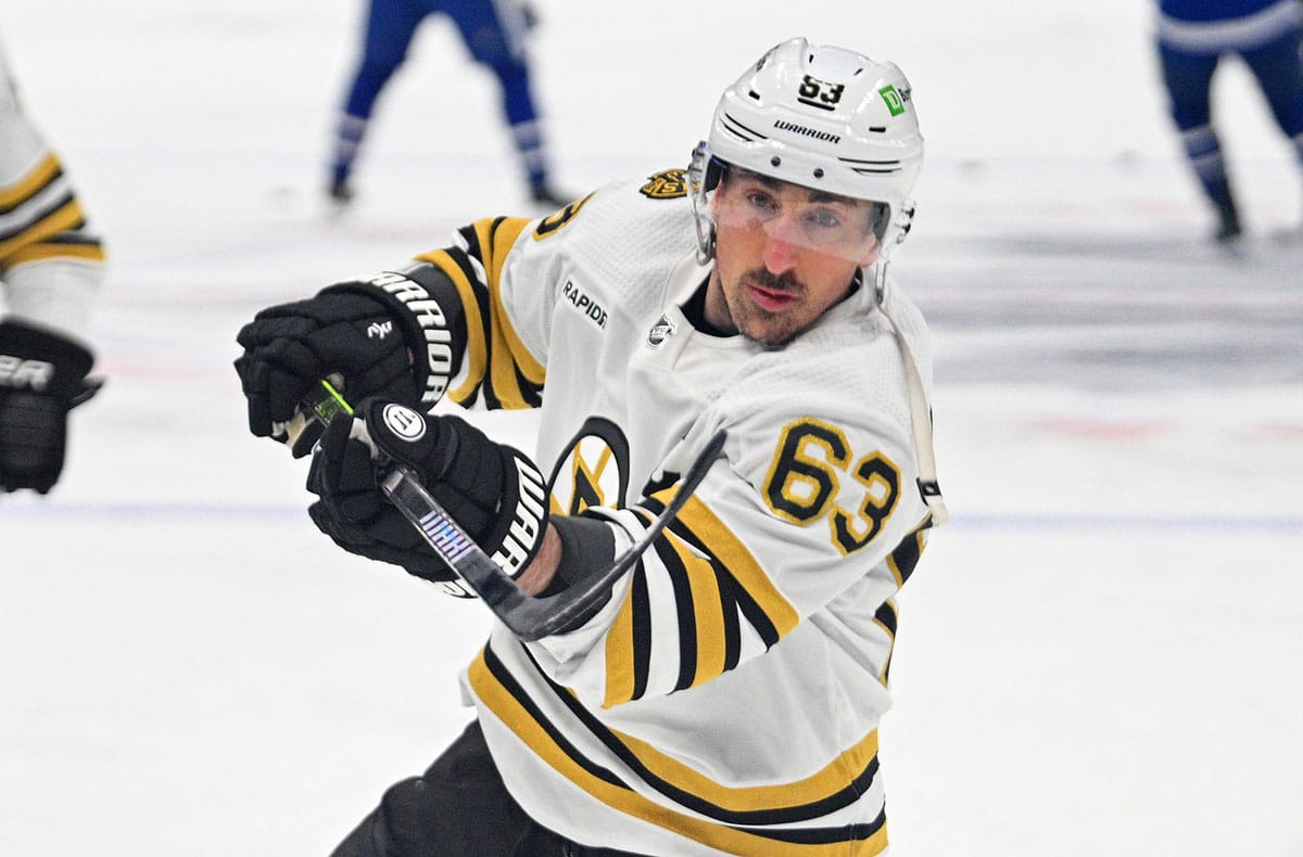 Boston Bruins forward Brad Marchand (63) warms up before playing the Toronto Maple Leafs in game six of the first round of the 2024 Stanley Cup Playoffs at Scotiabank Arena.