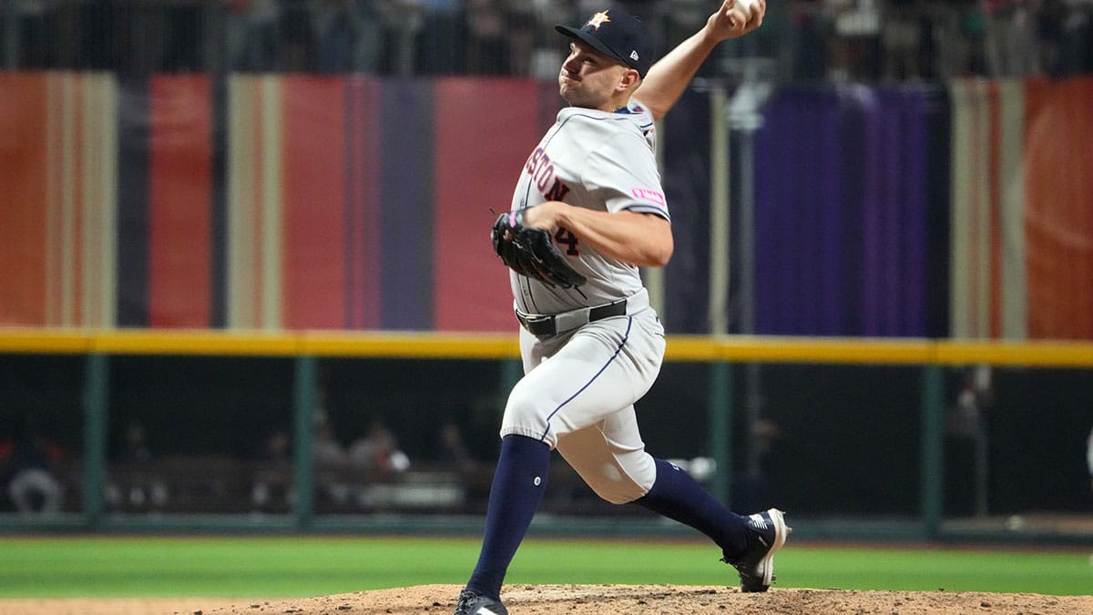 Houston Astros pitcher Brandon Bielak (64) throws in the ninth inning against the Colorado Rockies during the MLB World Tour Mexico Series game at Estadio Alfredo Harp Helu.