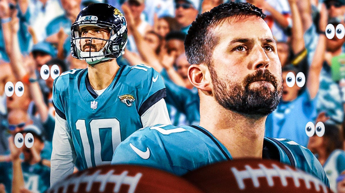 Brandon McManus on one side, a bunch of Jacksonville Jaguars fans on the other side with the big eyes emoji over their faces