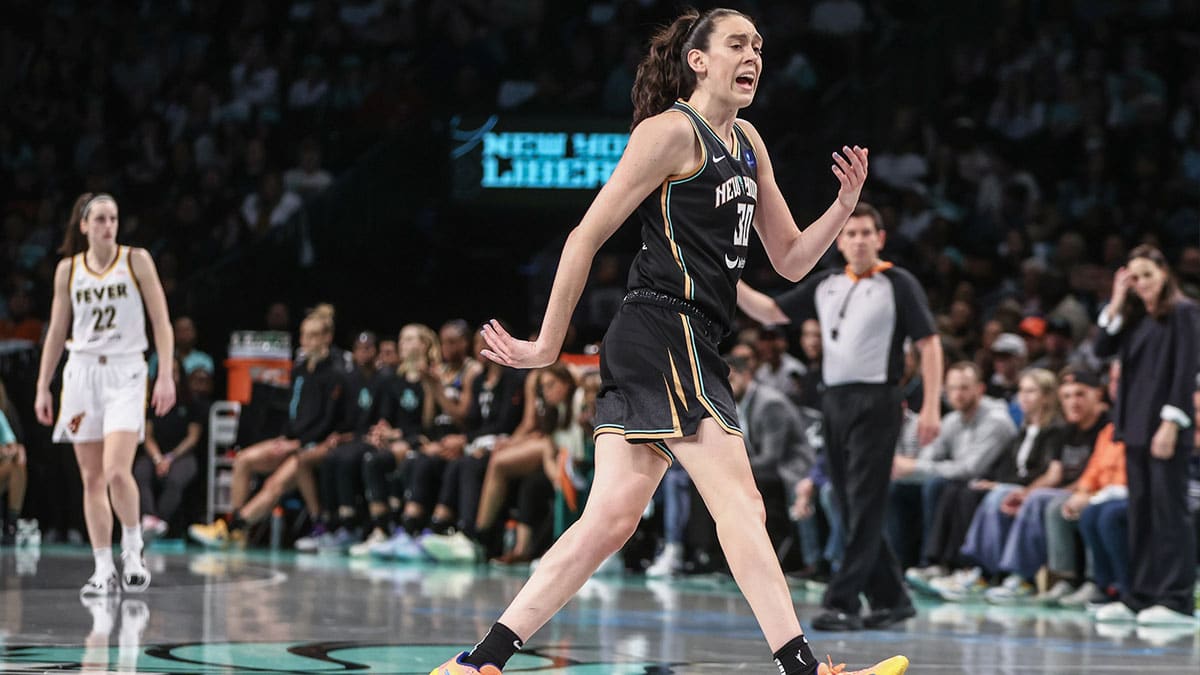 New York Liberty forward Breanna Stewart (30) reacts after a turnover in the fourth quarter against the Indiana Fever.