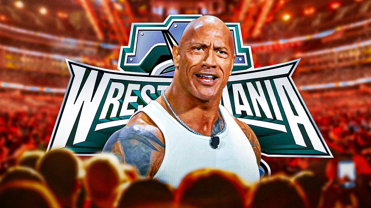 The Rock in front of the WrestleMania 40 logo.