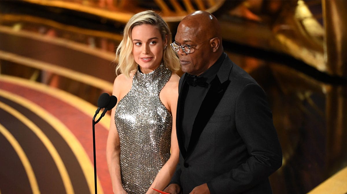 MCU Captain Marvel stars Brie Larson and Samuel L. Jackson at the Oscars in 2019.