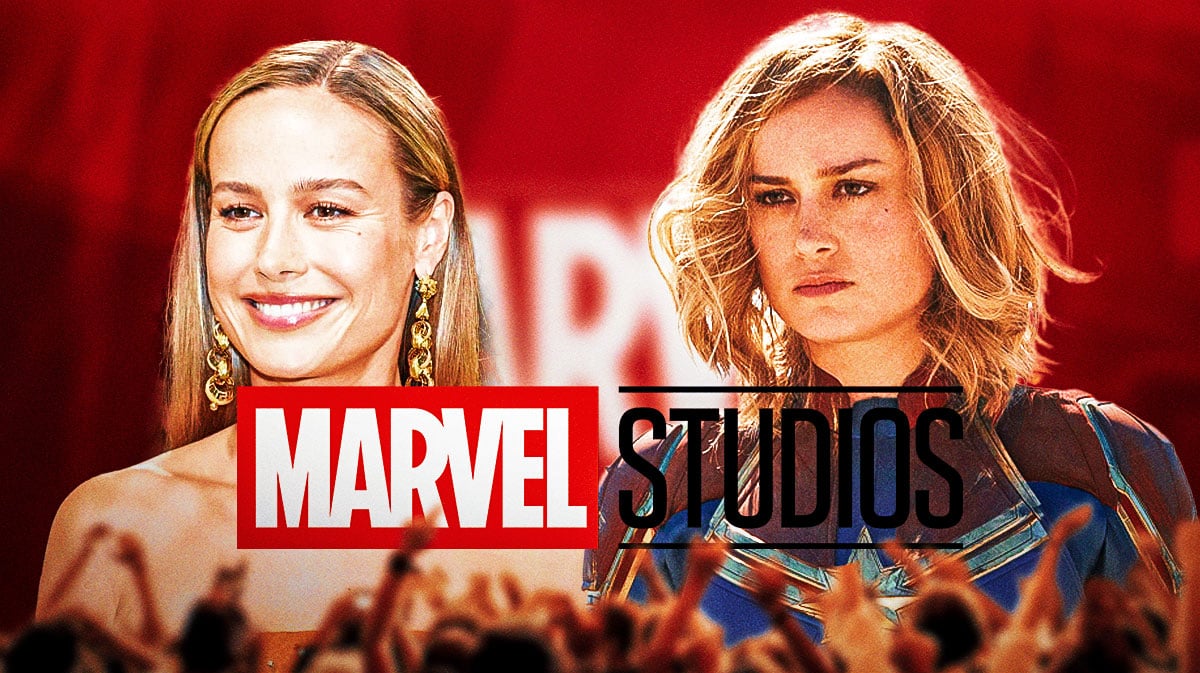 Brie Larson normal next to MCU superhero Captain Marvel with Marvel Studios logo.