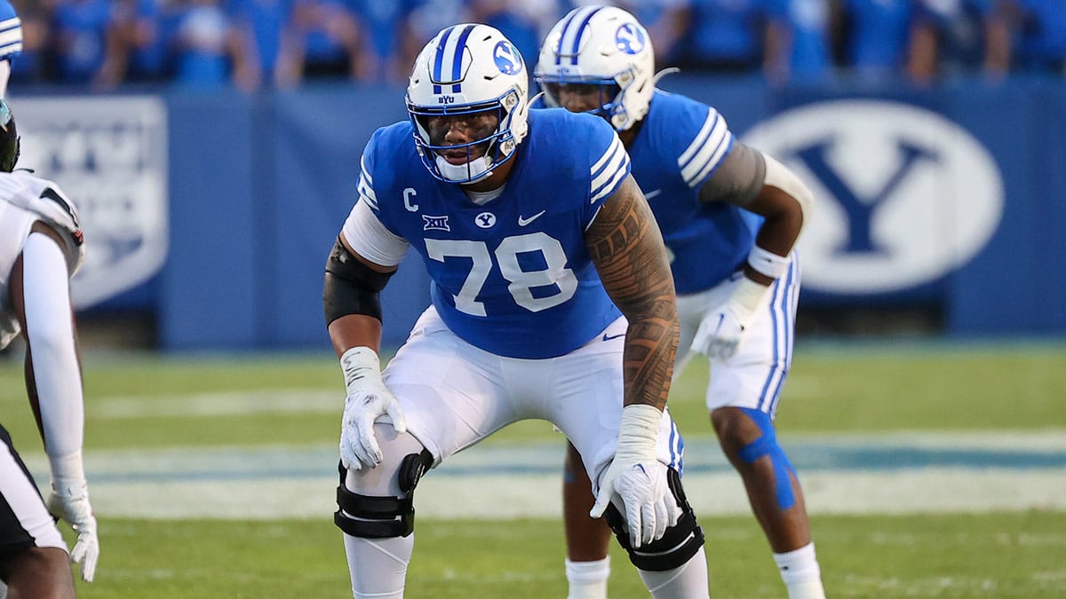 Brigham Young Cougars offensive lineman Kingsley Suamataia (78) prepares to block against the Texas Tech Red Raiders in the first half at LaVell Edwards Stadium.