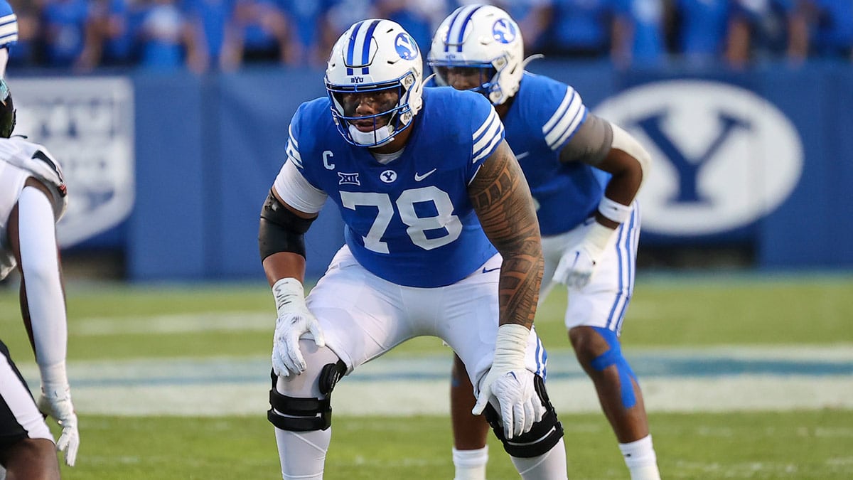 Brigham Young Cougars offensive lineman Kingsley Suamataia (78) prepares to block against the Texas Tech Red Raiders in the first half at LaVell Edwards Stadium. 