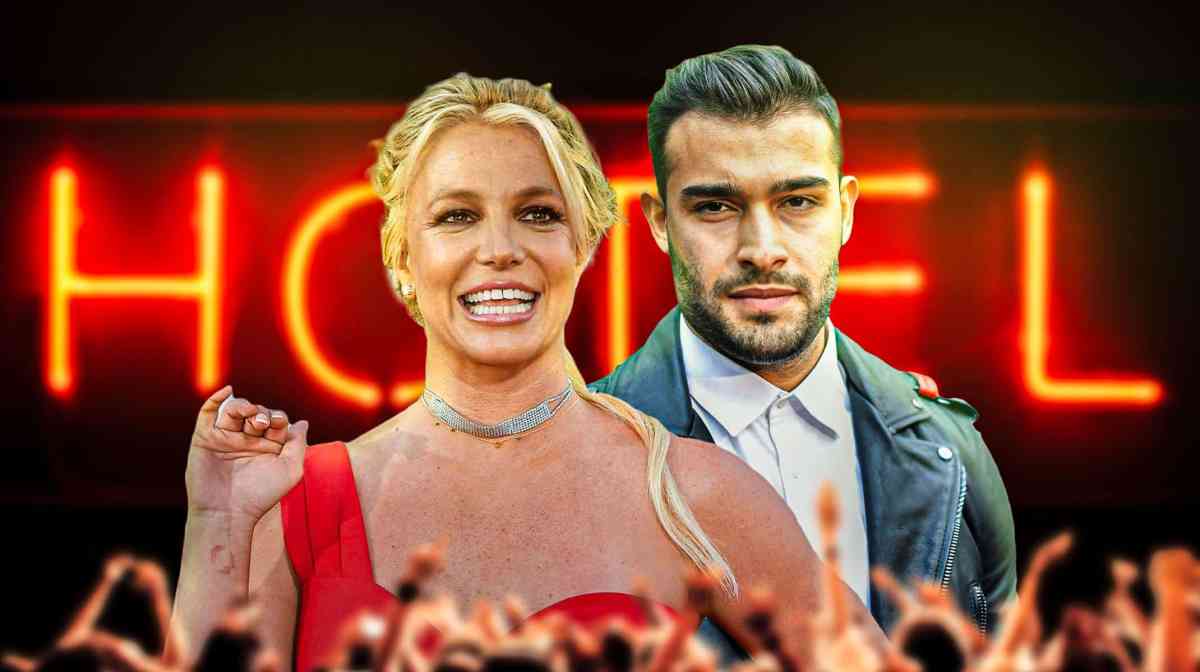 Britney Spears and Sam Asghari with a hotel sign behind them
