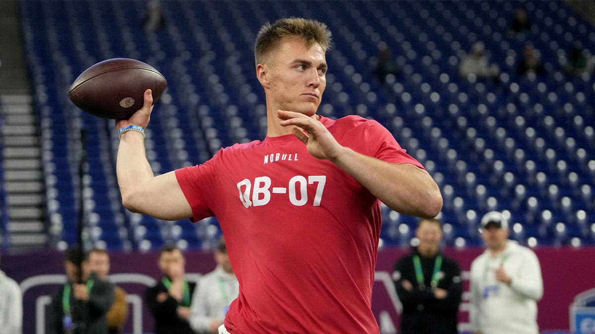 Oregon quarterback Bo Nix (QB07) during the 2024 NFL Combine at Lucas Oil Stadium