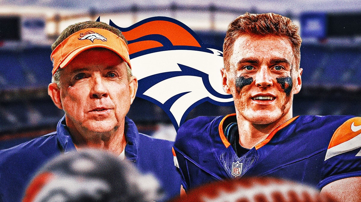 Denver Broncos head coach Sean Payton with QB Bo Nix. There is also a logo for the Denver Broncos.