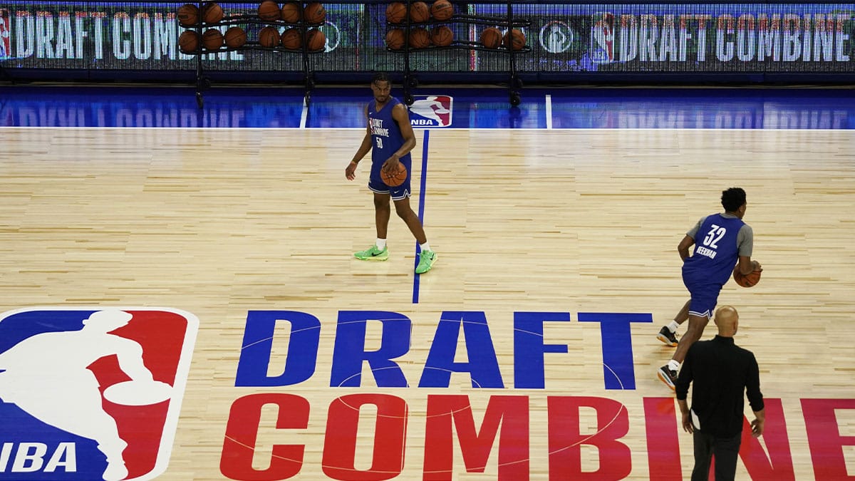 Bronny James (50) participates in drills during the 2024 NBA Draft Combine at Wintrust Arena. 