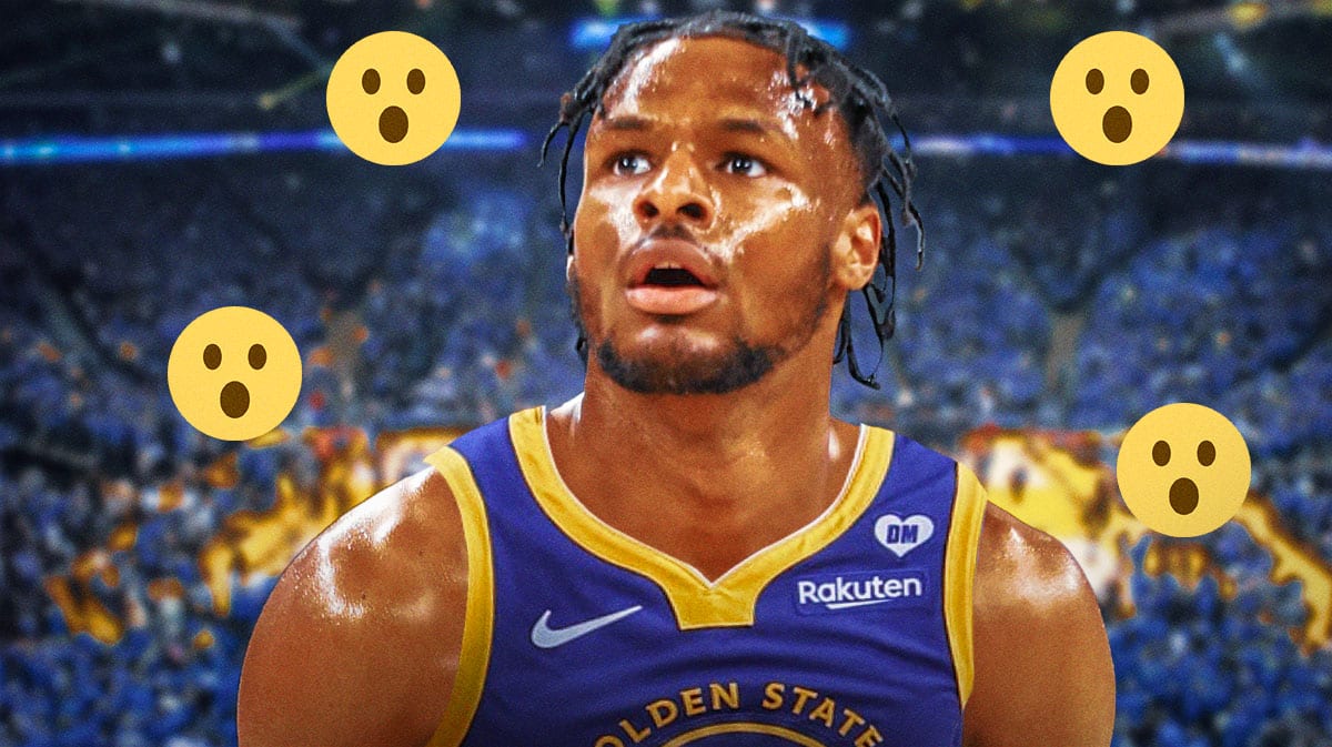 Bronny James in a Golden State Warriors jersey with a bunch of shocked emojis in the background
