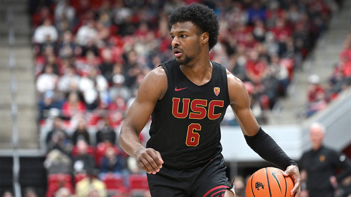 USC Trojans guard Bronny James (6) controls the ball against the Washington State Cougars in the first half at Friel Court at Beasley Coliseum.