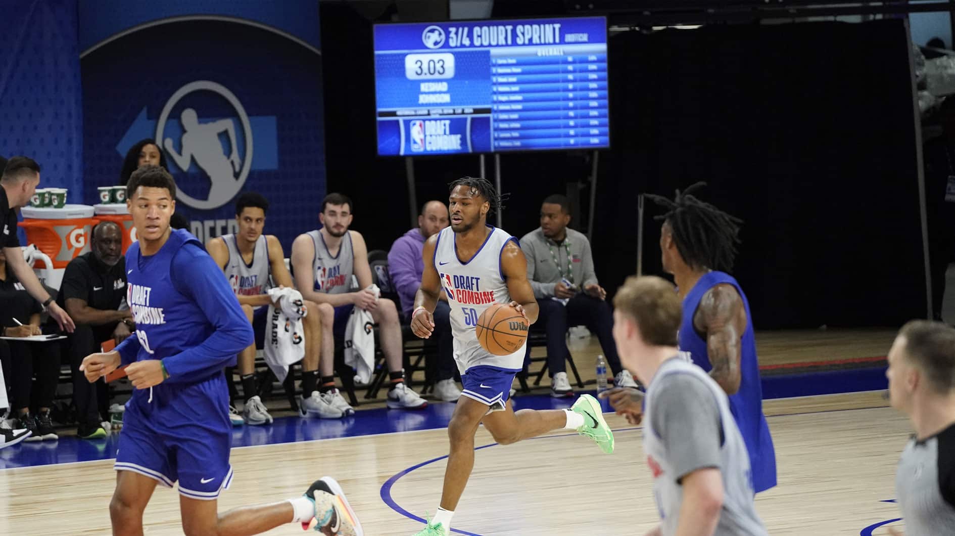  Bronny James (50) participates during the 2024 NBA Draft Combine at Wintrust Arena.