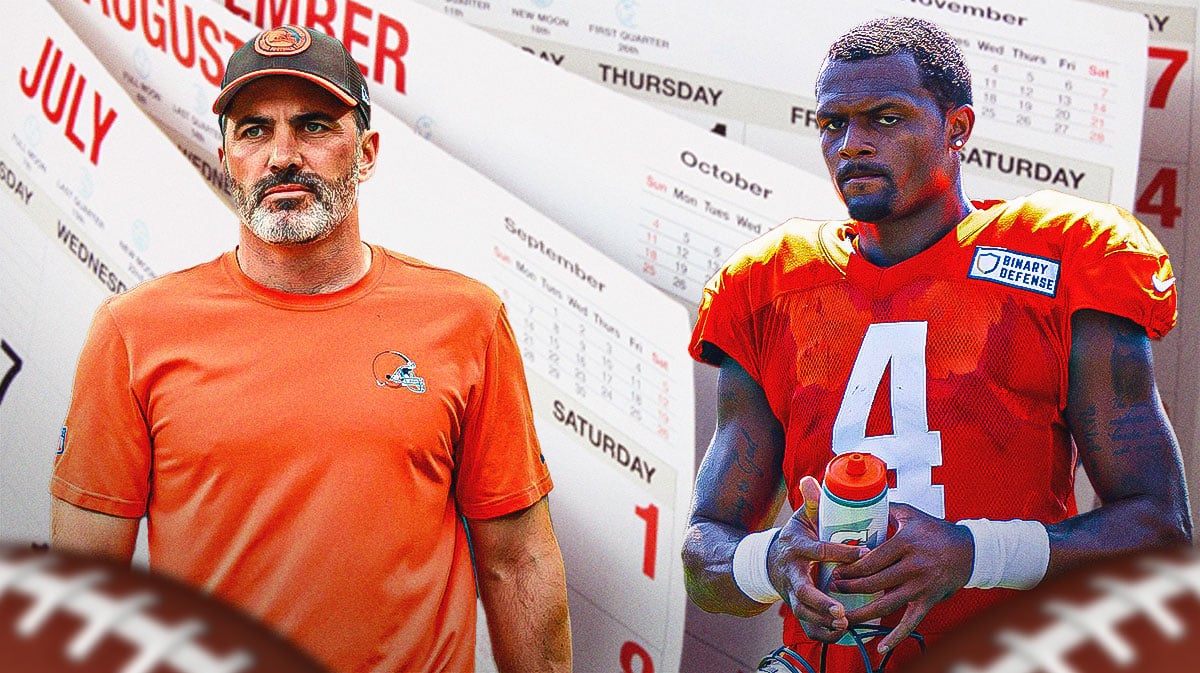 Browns head coach Kevin Stefanski and QB DeShaun Watson with with calendar flipping through