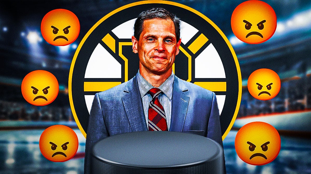 Don Sweeney with angry emojis around him. Bruins logo