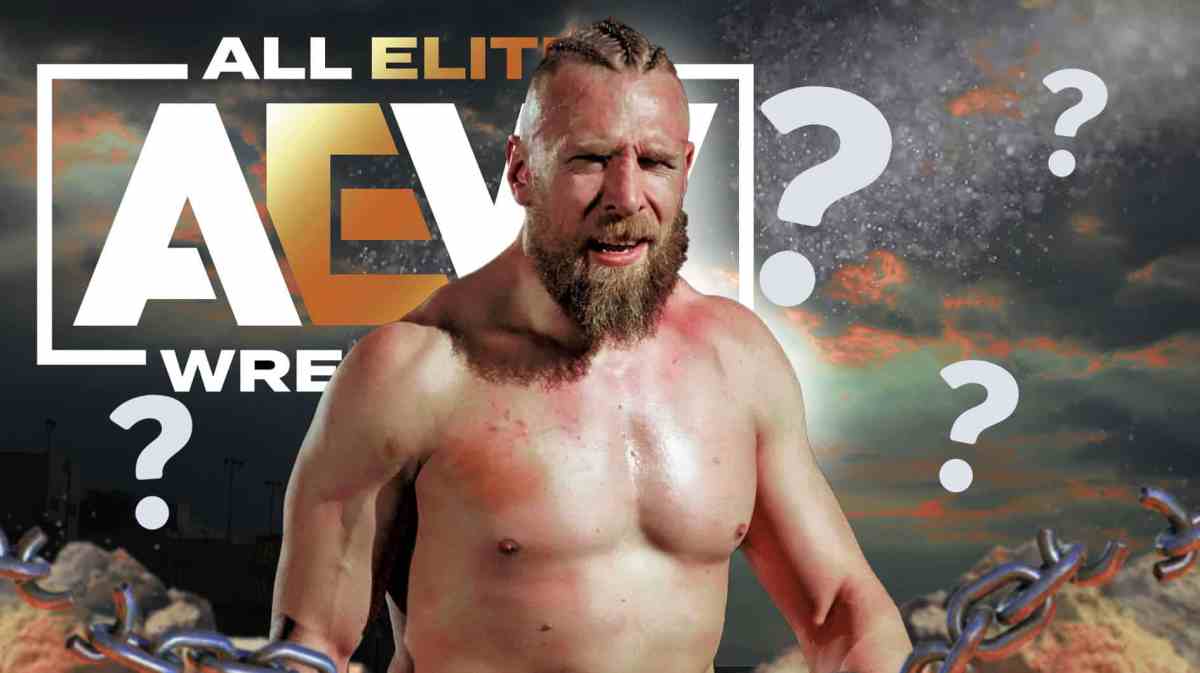 Bryan Danielson with an AEW logo as the background and question marks around him.