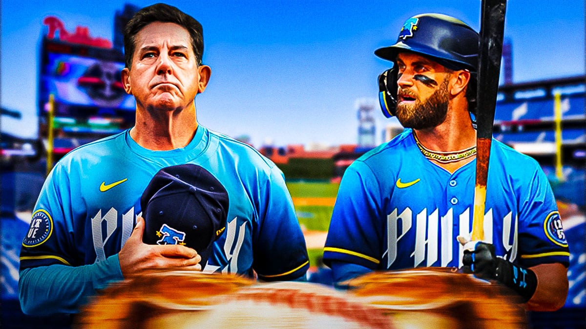 Philadelphia Phillies Bryce Harper and Rob Thomson