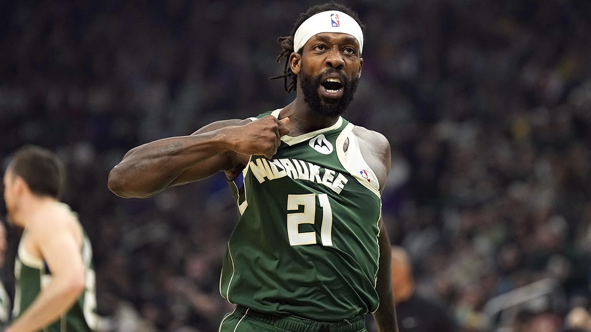 Milwaukee Bucks guard Patrick Beverley (21) gestures towards the crowd following a play during the second quarter against the Indiana Pacers during game five of the first round for the 2024 NBA playoffs at Fiserv Forum.