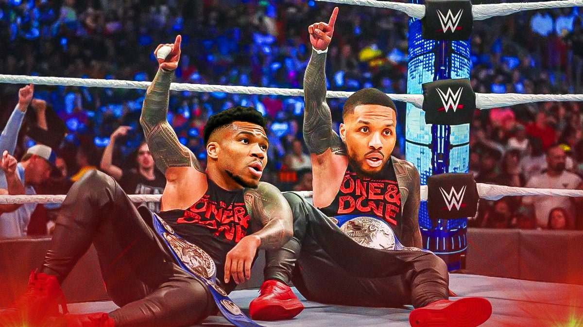 Bucks' Giannis Antetokounmpo as Jimmy Uso (left), Damian Lillard as Jey Uso (right)