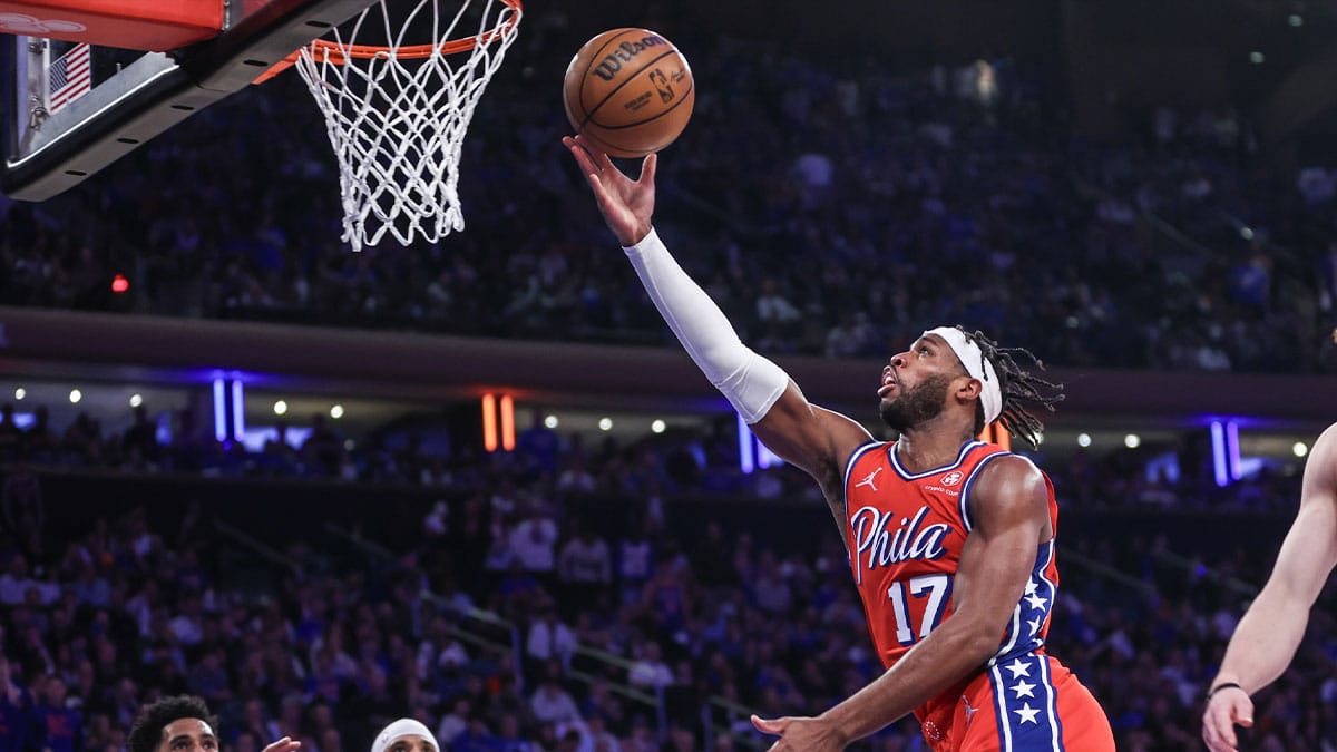 Philadelphia 76ers guard Buddy Hield (17) drives to the basket for a layup in the second quarter during game one of the first round for the 2024 NBA playoffs against the New York Knicks at Madison Square Garden.