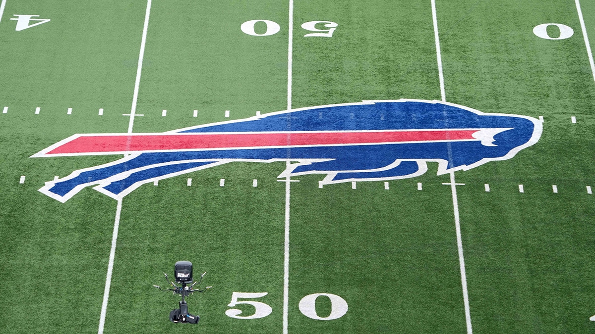 The Buffalo Bills logo at midfield at a 2024 AFC wild card game at Highmark Stadium
