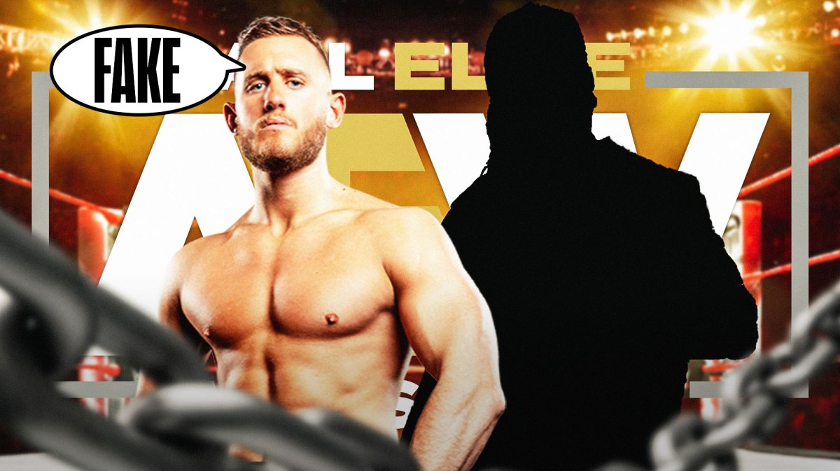 Gabe Kidd with a text bubble reading "Fake" next to the blacked-out silhouette of "Switchblade" Jay White with the AEW logo as the background.