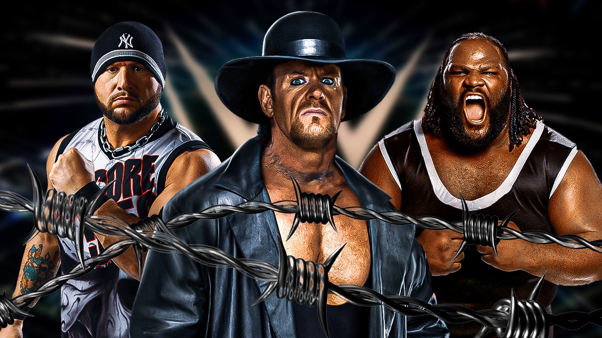 The Undertaker in the middle with Mark Henry on the right and Bully Ray on the left with the WWE logo as the background.