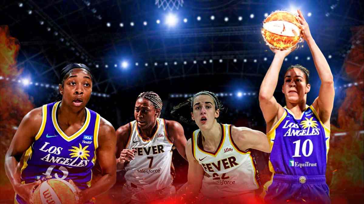 Kia Nurse and Aari McDonald in Sparks jerseys shooting 3-pointers on either side of the graphic with the ball flaming. And Caitlin Clark and Aliyah Boston in the middle wearing Indiana fever jerseys running