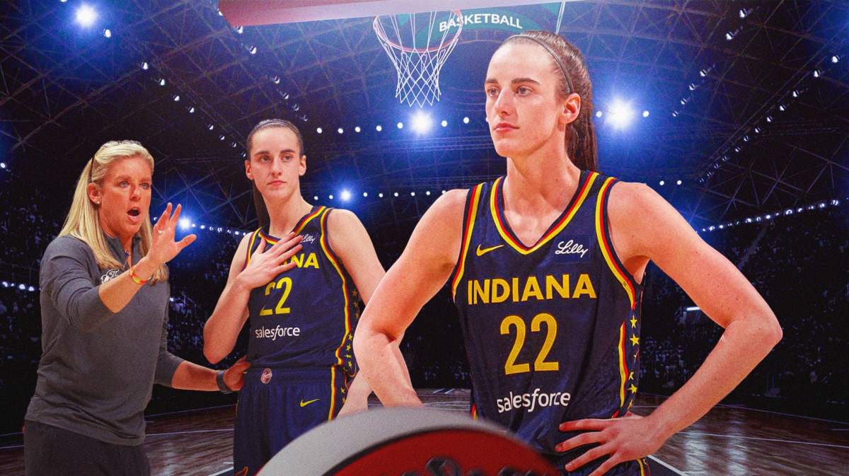 Caitlin Clark in Fever jersey, glancing down at the court with head coach Christie Sides coaching in the foreground.