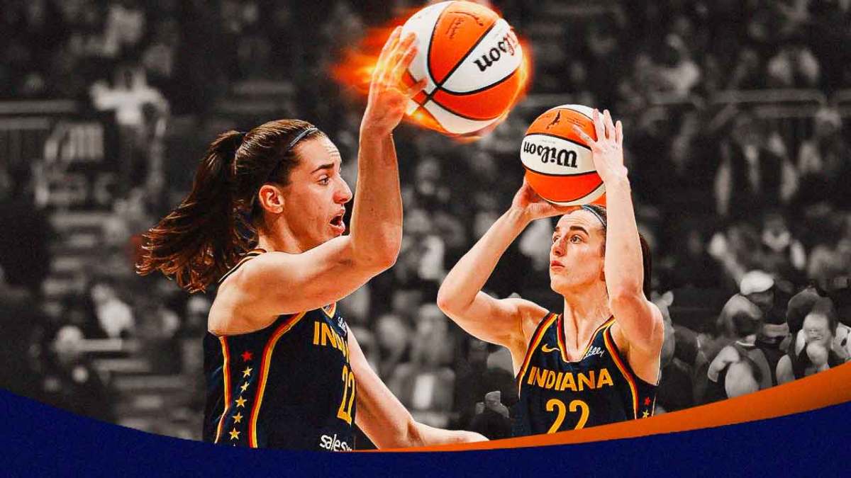 Cutout of Caitlin Clark front and center in her Fever jersey making a pass please with the basketball on fire. Then need a cutout of Clark in the background in her Fever jersey shooting the basketball.
