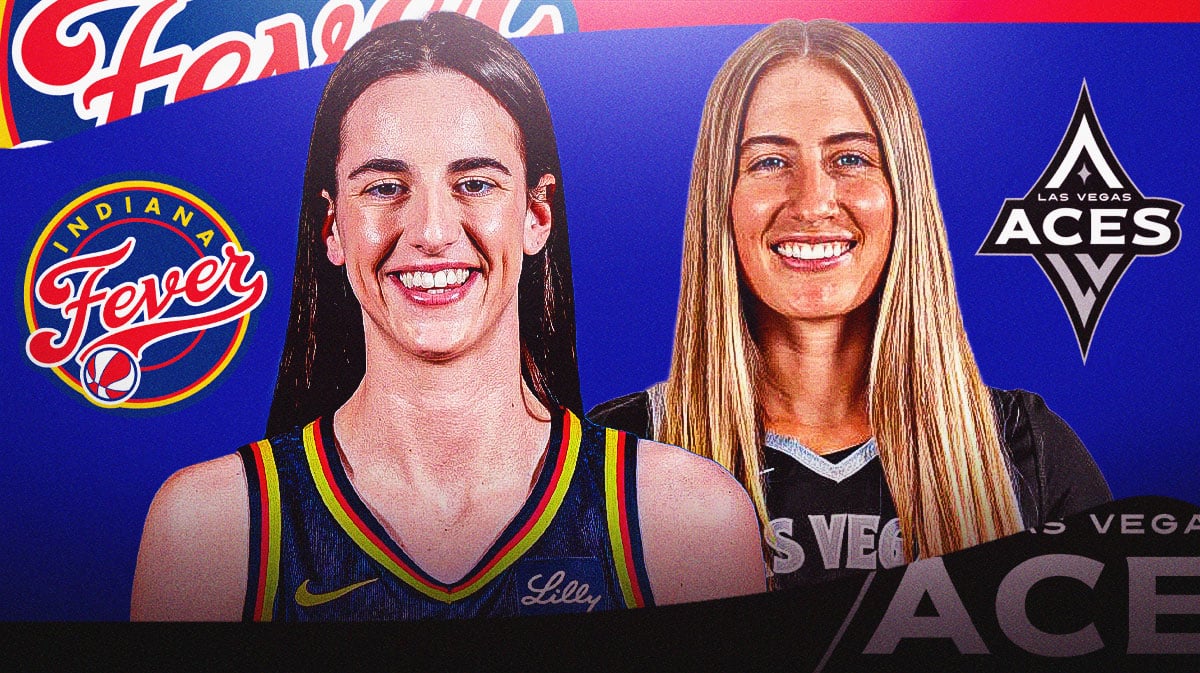 Caitlin Clark alongside Kate Martin with the Fever and Aces logos in the background, have Clark in her Fever jersey and Martin in her Aces jersey