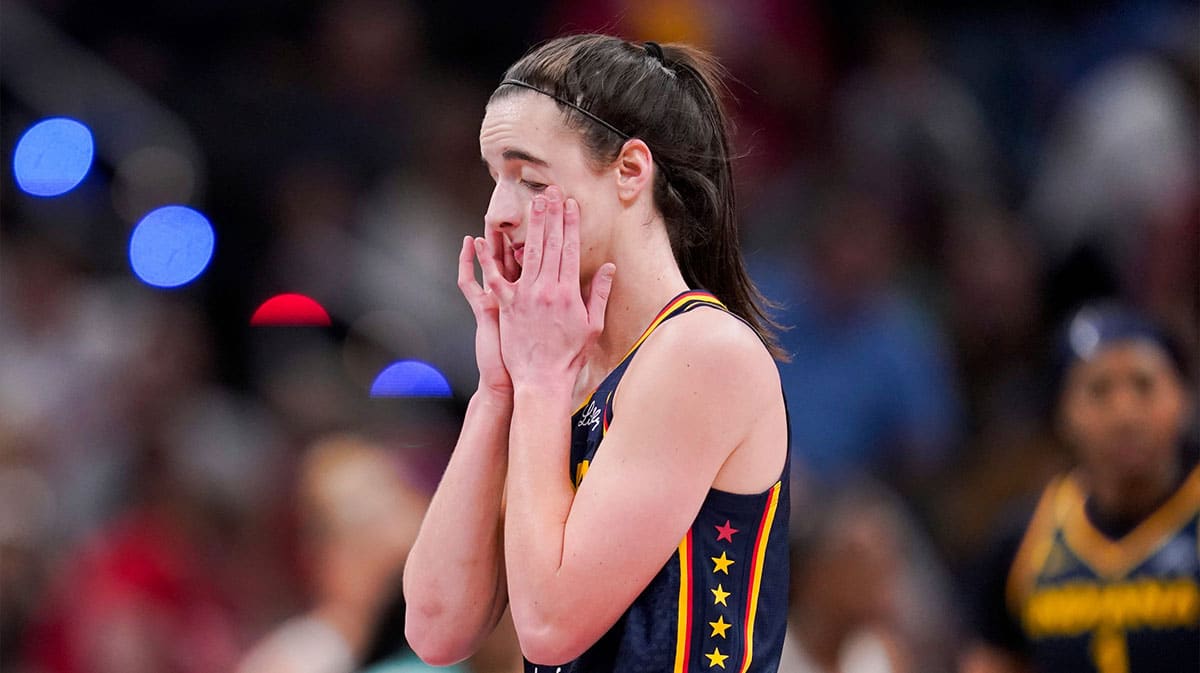 Indiana Fever guard Caitlin Clark (22) shows frustration, Thursday, May 16, 2024, during the Indiana Fever home opener game against the New York Liberty at Gainbridge Fieldhouse in Indianapolis.