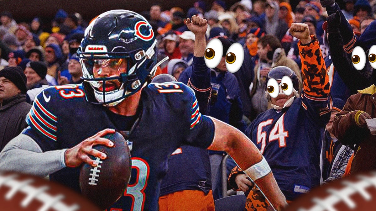 Caleb Williams on one side, a bunch of Chicago Bears fans on the other side with the big eyes emoji over their faces