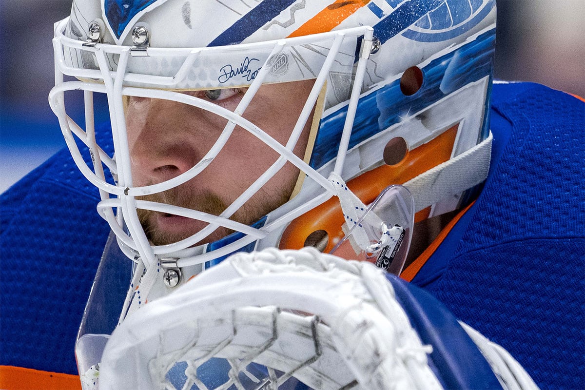 Edmonton Oilers goalie Calvin Pickard (30) looks for a shot in warm up prior to game seven of the second round of the 2024 Stanley Cup Playoffs against the Vancouver Canucks at Rogers Arena
