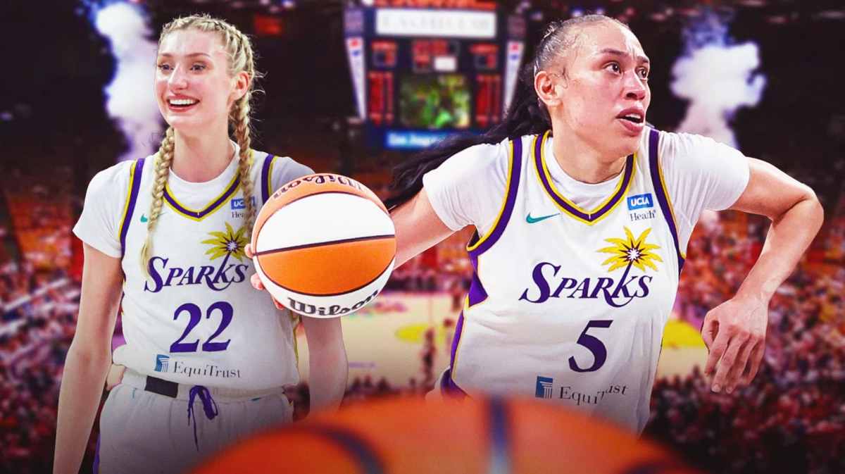 Cameron Brink alongside Dearica Hamby with the Sparks arena in the background