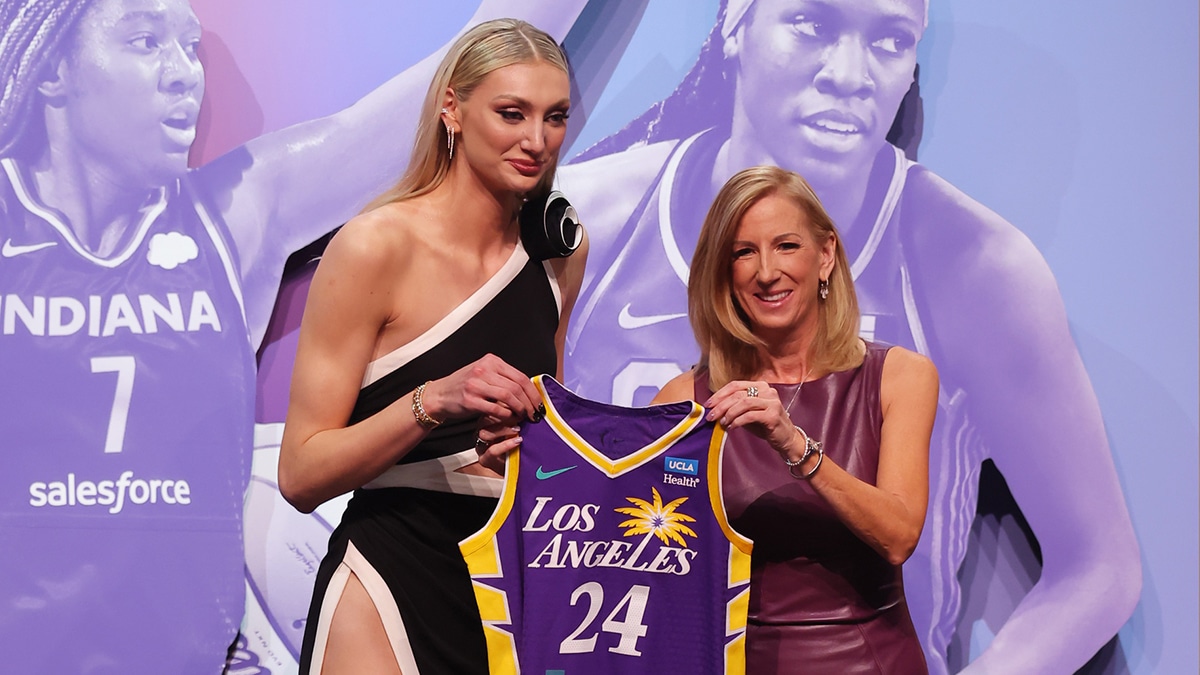 Apr 15, 2024; Brooklyn, NY, USA; Cameron Brink poses with WNBA commissioner Cathy Engelbert after she is selected with the number two overall pick to the Los Angeles Sparks in the 2024 WNBA Draft at Brooklyn Academy of Music. Mandatory Credit: Brad Penner-USA TODAY Sports