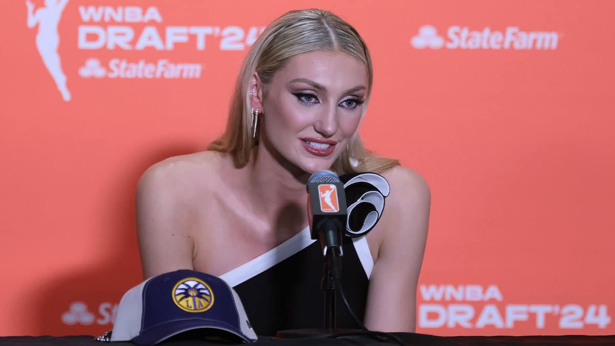 Cameron Brink speaks in a press conference after she is selected with the number two overall pick to the Los Angeles Sparks n the 2024 WNBA Draft at Brooklyn Academy of Music.